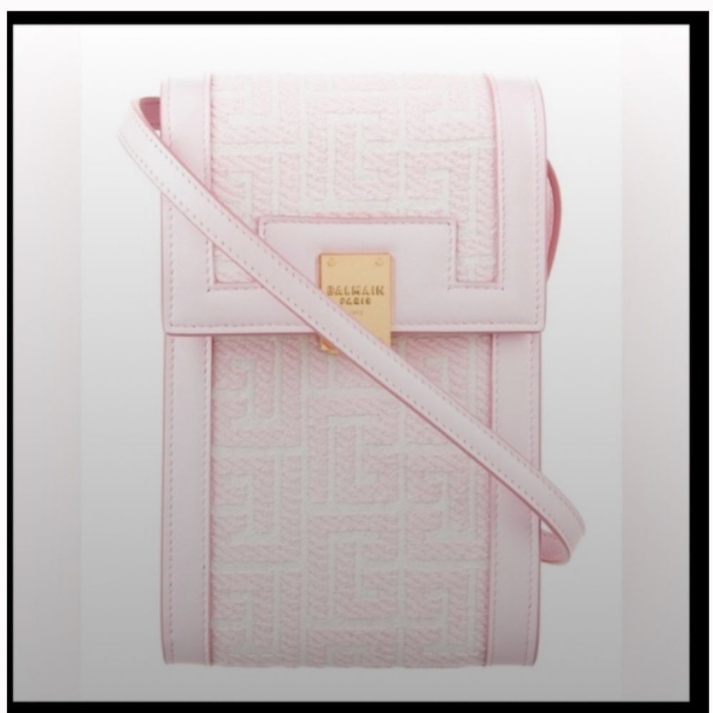 *Balmain* PRISTINE Leather Trimmed Pink Jacquard Canvas Monogram Crossbody